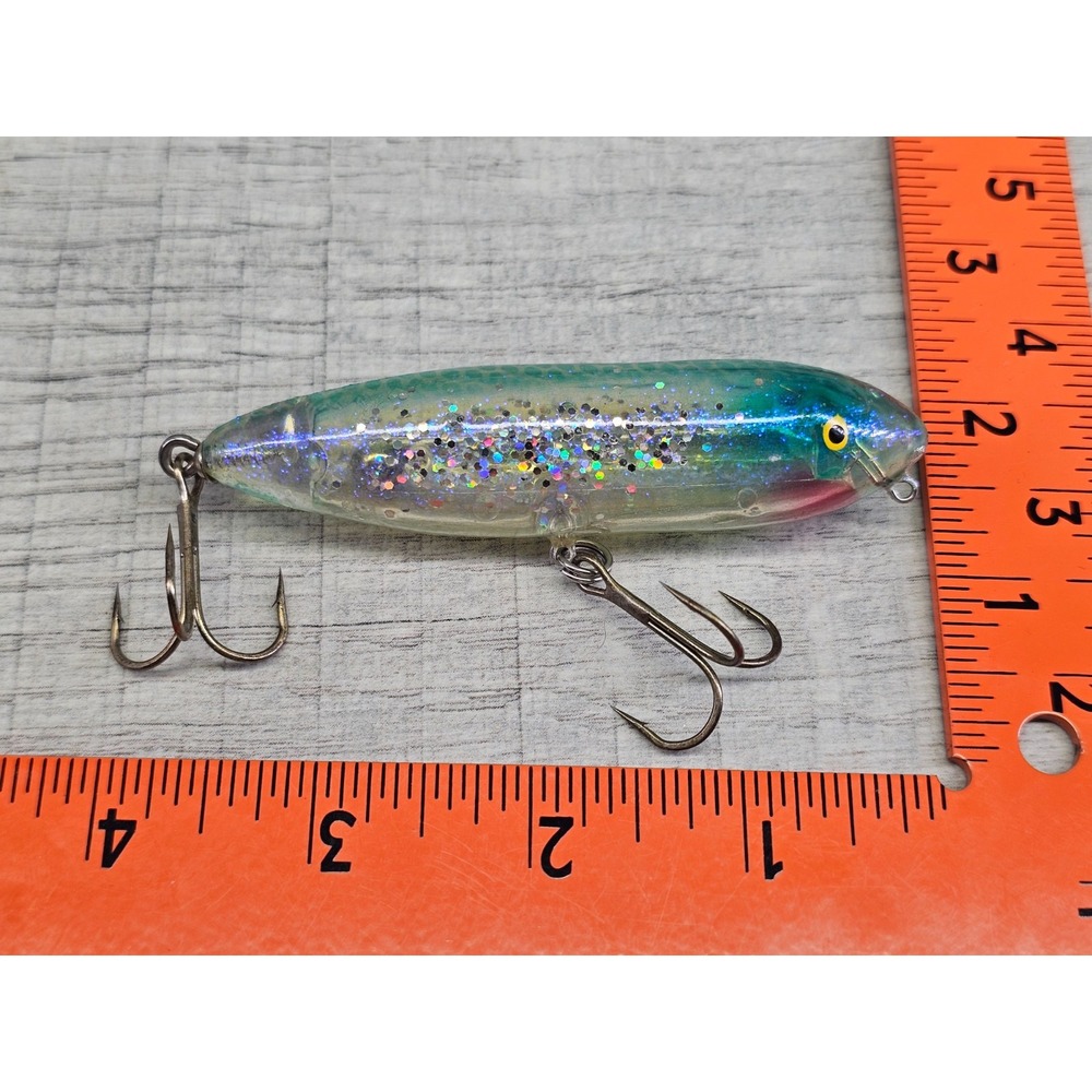 Vintage Heddon Zara Spook Topwater Lure Walker Clear Teal Silver Glitter 4.5"